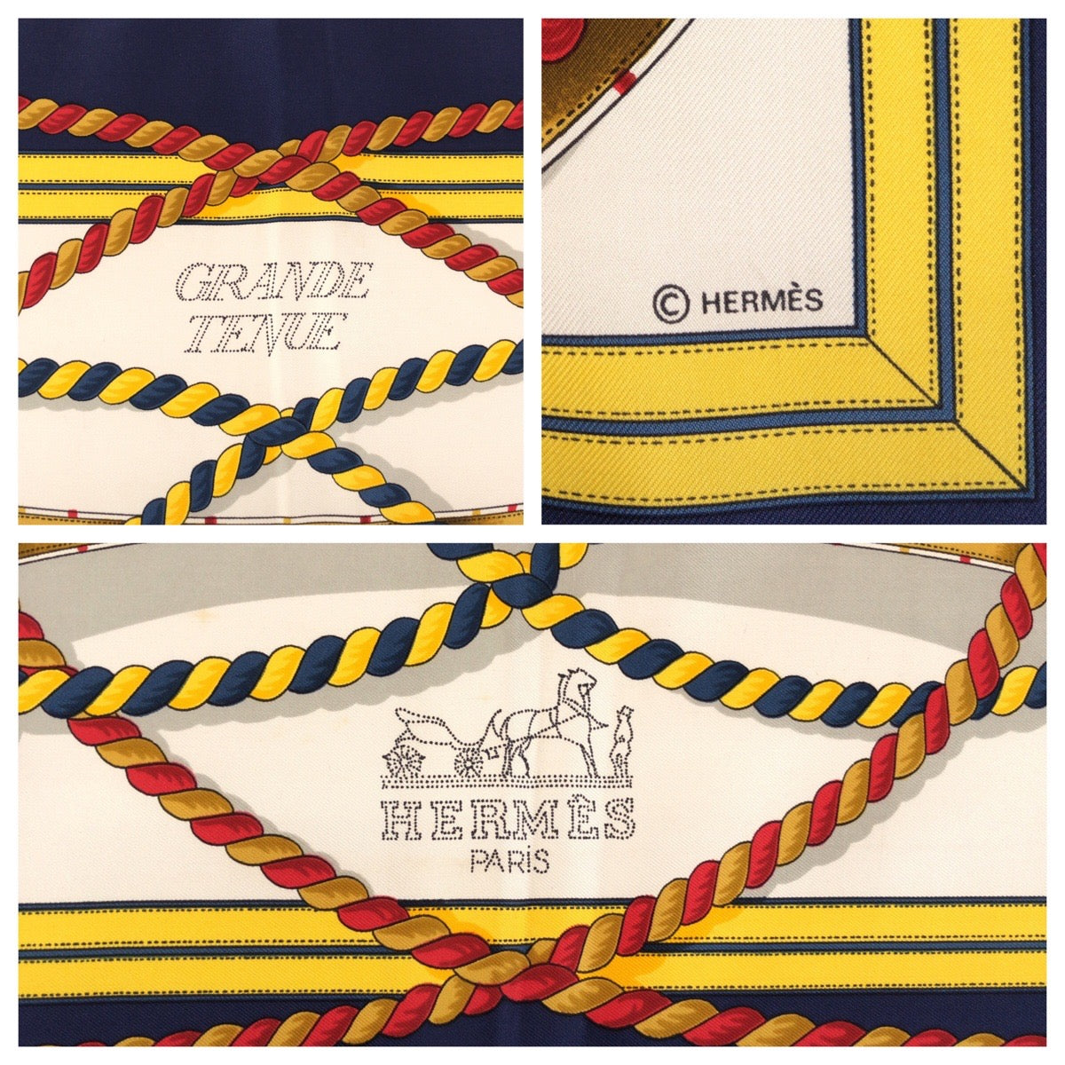 24341
HERMES エルメス GRANDE TENUE カレ90 ネイビー イエロー マルチカラー シルク スカーフ レディース ABP21