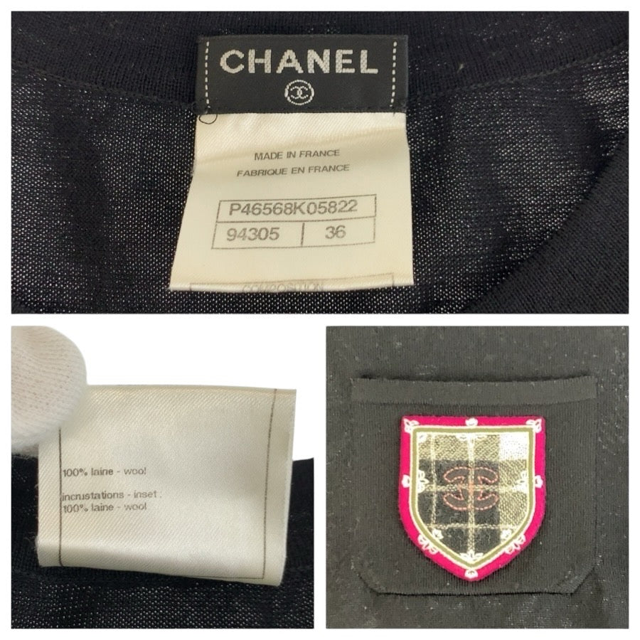 24343
CHANEL シャネル ココマークエンブレムワッペン サイズ36 ブラック 黒 ウール 半袖 ニットワンピース レディース AB56