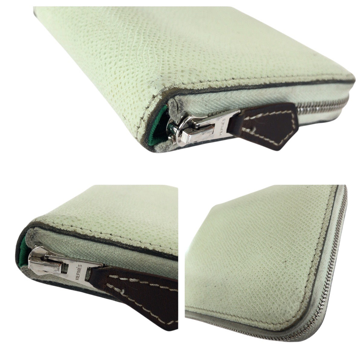 24351
HERMES エルメス アザップ シルクイン コンパクト ヴェールフィズ ライトグリーン シルバー金具 ヴォーエプソン / シルク 折財布 コインケース 小銭入れ U刻印 レディース AB36