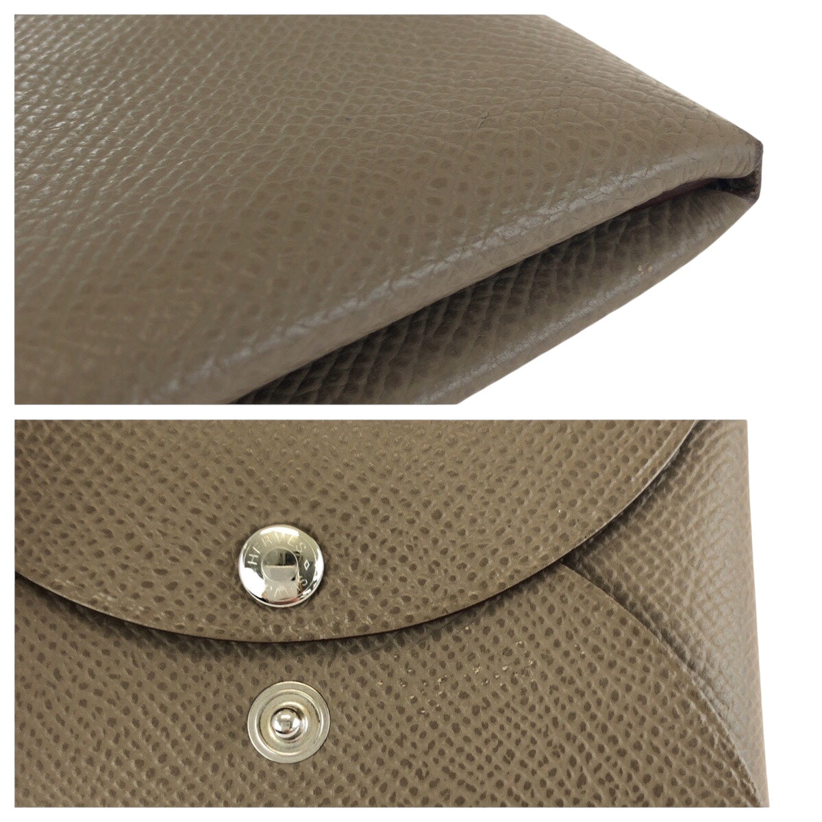 24353
HERMES エルメス カルヴィ デュオ エトゥープ グレージュ シルバー金具 シェーブル カードケース 名刺入れ コインケース W刻印 レディース ABP42