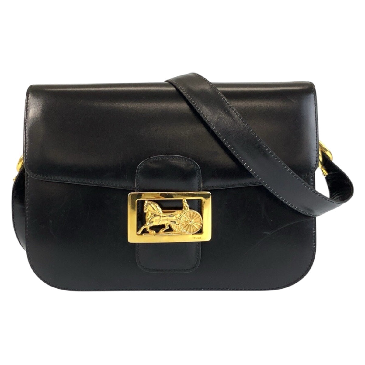 24380
CELINE セリーヌ ヴィンテージ 馬車金具 ホースキャリッジ ブラック 黒 ゴールド金具 レザー F/09 ショルダーバッグ ポシェット レディース AB70