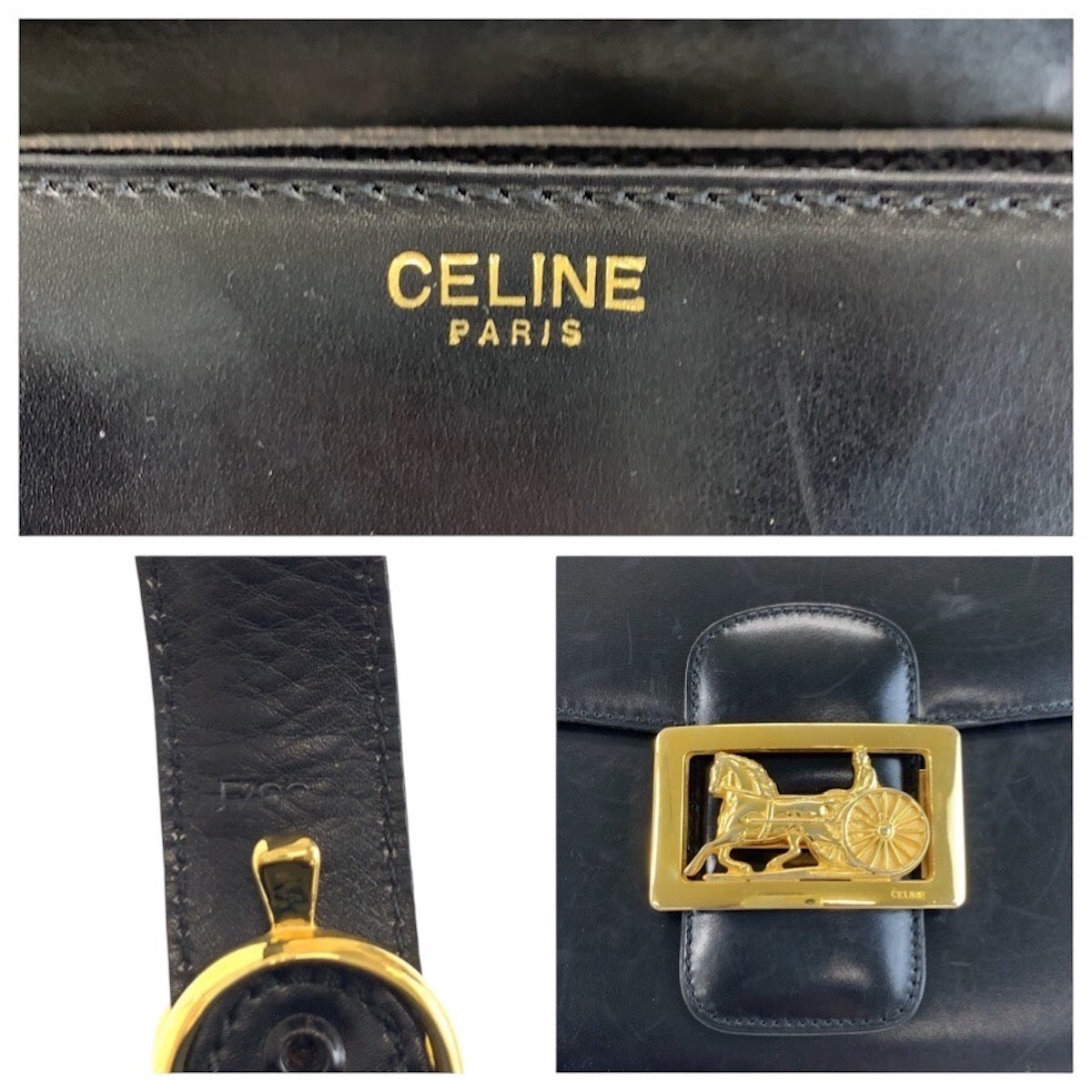 24380
CELINE セリーヌ ヴィンテージ 馬車金具 ホースキャリッジ ブラック 黒 ゴールド金具 レザー F/09 ショルダーバッグ ポシェット レディース AB70