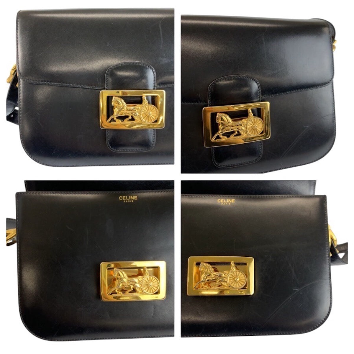 24380
CELINE セリーヌ ヴィンテージ 馬車金具 ホースキャリッジ ブラック 黒 ゴールド金具 レザー F/09 ショルダーバッグ ポシェット レディース AB70