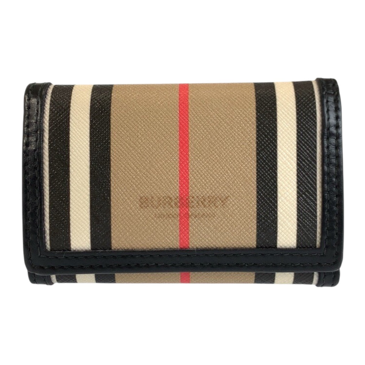 24392
BURBERRY バーバリー アイコンストライプ ベージュ ブラック PVC 折財布 コンパクトウォレット レディース AB22