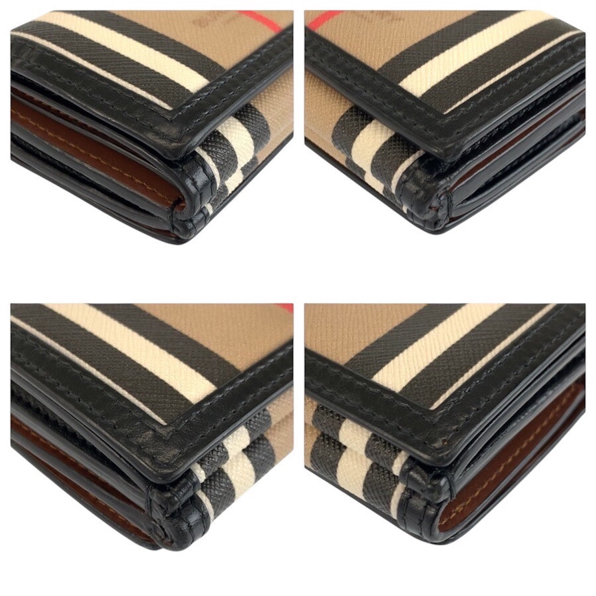 24392
BURBERRY バーバリー アイコンストライプ ベージュ ブラック PVC 折財布 コンパクトウォレット レディース AB22