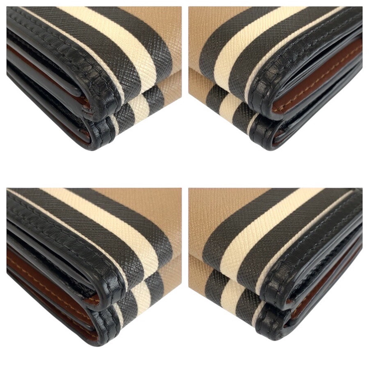24392
BURBERRY バーバリー アイコンストライプ ベージュ ブラック PVC 折財布 コンパクトウォレット レディース AB22