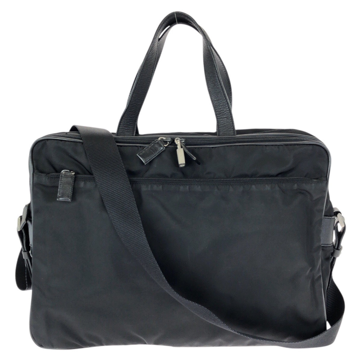 24396
PRADA プラダ テスート サフィアーノ 三角ロゴプレート 2way ブラック 黒 シルバー金具 ナイロン / レザー ビジネスバッグ ブリーフケース メンズ AB22
