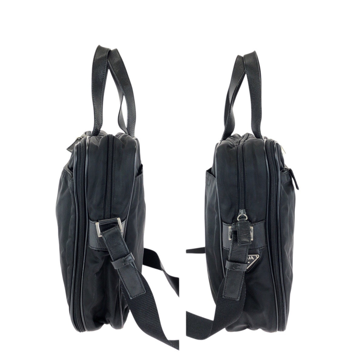 24396
PRADA プラダ テスート サフィアーノ 三角ロゴプレート 2way ブラック 黒 シルバー金具 ナイロン / レザー ビジネスバッグ ブリーフケース メンズ AB22