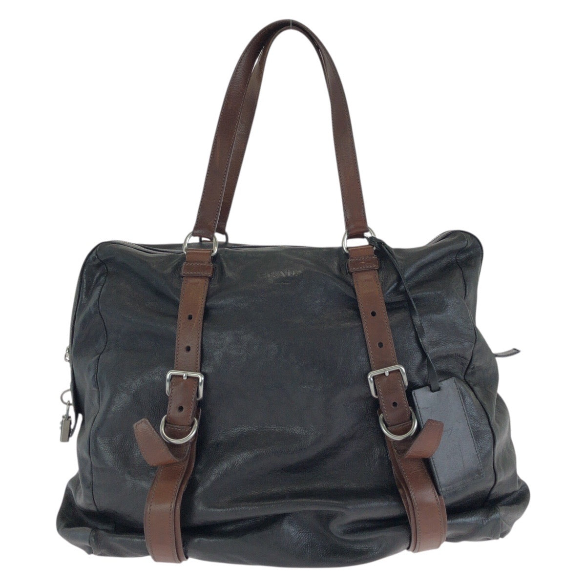 24401
PRADA プラダ ブラック 黒 シルバー金具 レザー トートバッグ ショルダーバッグ トラベルバッグ メンズ ABP44
