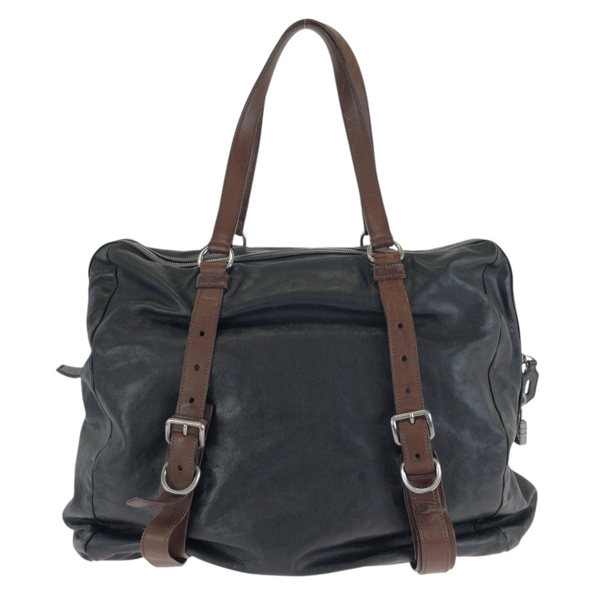24401
PRADA プラダ ブラック 黒 シルバー金具 レザー トートバッグ ショルダーバッグ トラベルバッグ メンズ ABP44