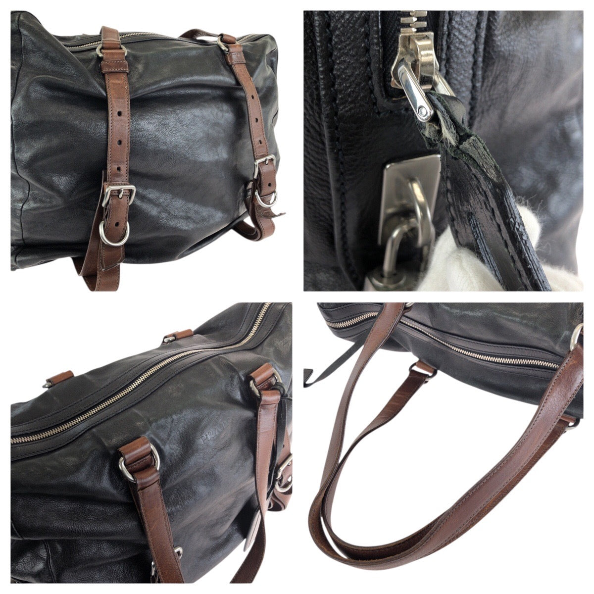 24401
PRADA プラダ ブラック 黒 シルバー金具 レザー トートバッグ ショルダーバッグ トラベルバッグ メンズ ABP44