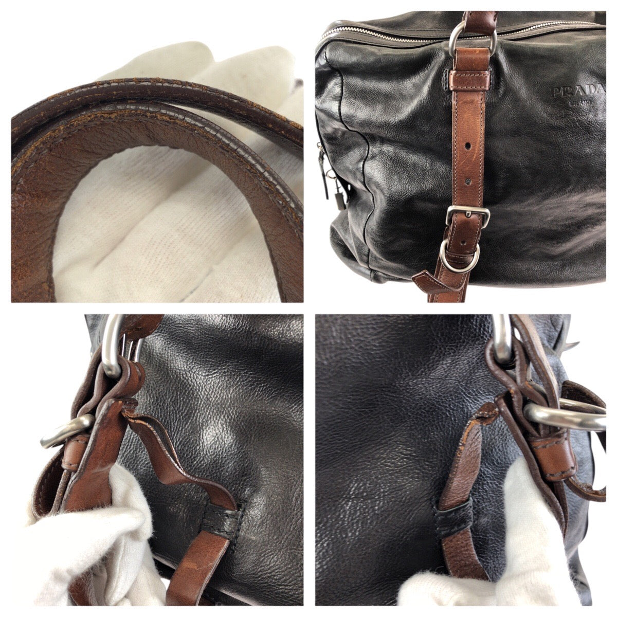 24401
PRADA プラダ ブラック 黒 シルバー金具 レザー トートバッグ ショルダーバッグ トラベルバッグ メンズ ABP44