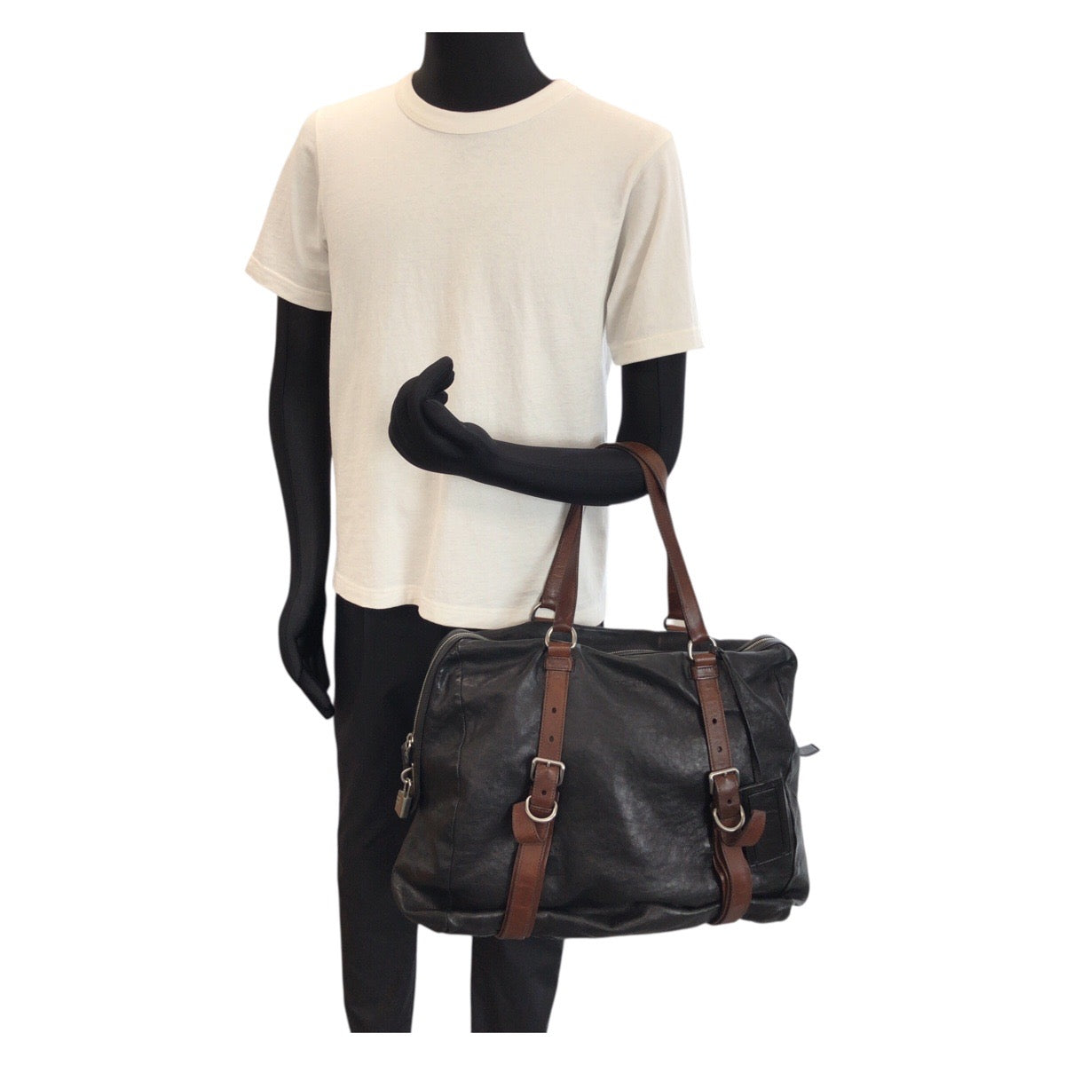 24401
PRADA プラダ ブラック 黒 シルバー金具 レザー トートバッグ ショルダーバッグ トラベルバッグ メンズ ABP44