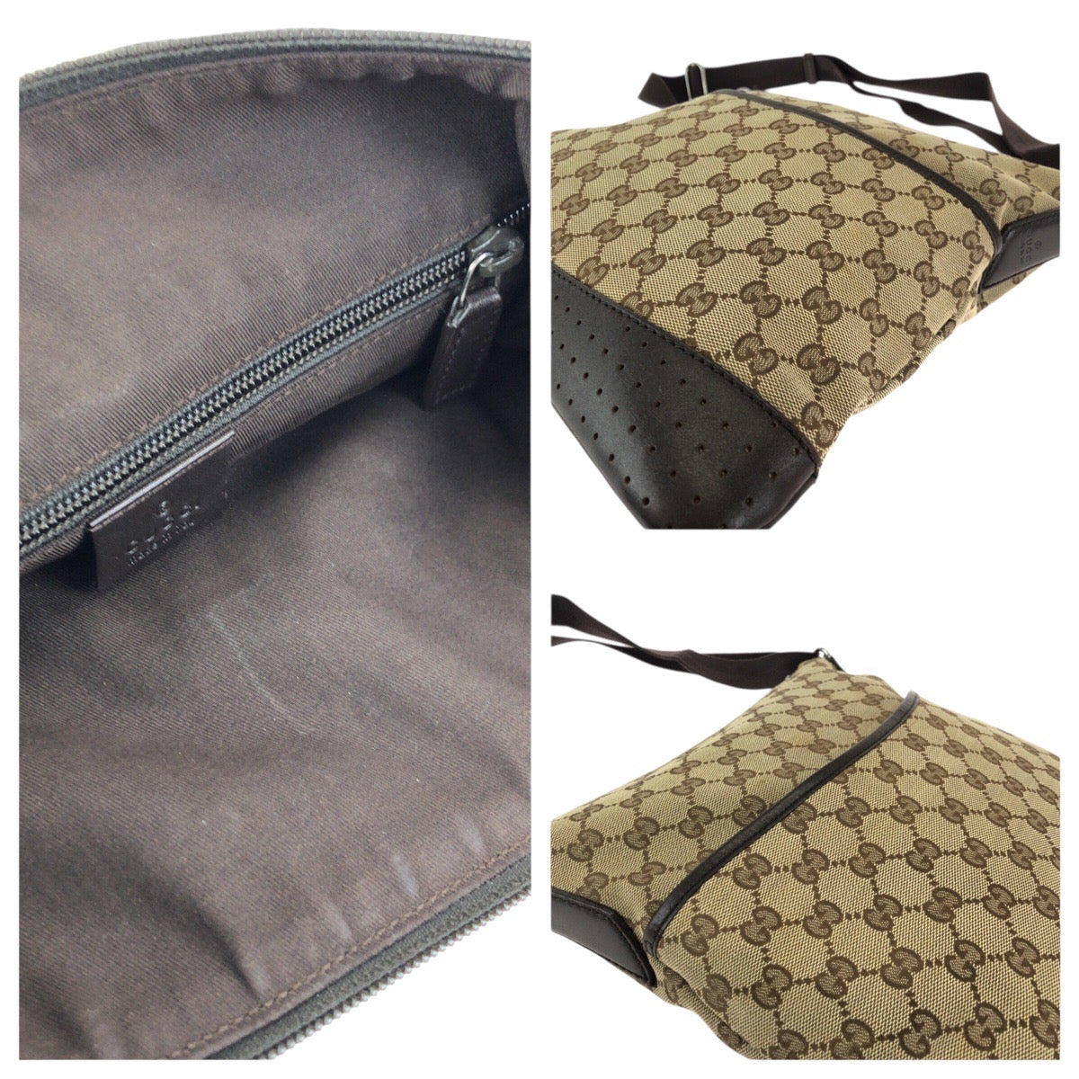 24404
GUCCI グッチ パンチング ベージュ ブラウン シルバー金具 GGキャンバス / レザー 145857 ショルダーバッグ メッセンジャーバッグ レディース AB28