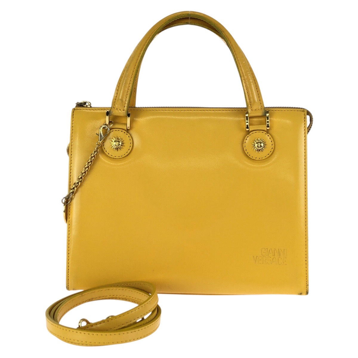 24418
VERSACE ヴェルサーチ ヴィンテージ サンバースト 2way イエロー ゴールド金具 レザー ハンドバッグ ショルダーバッグ レディース ABP42