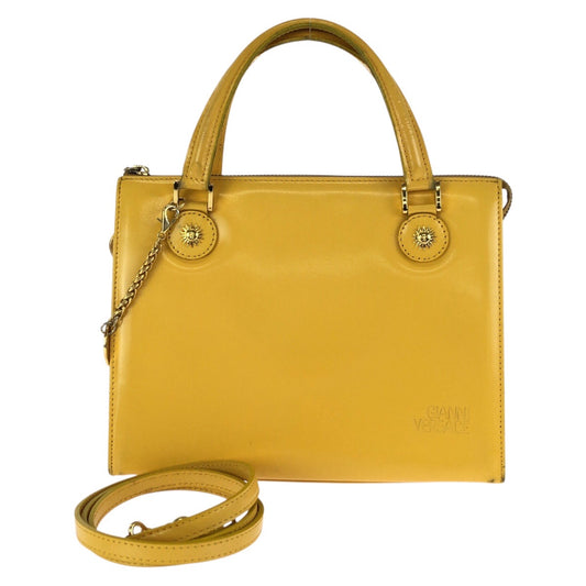 24418
VERSACE ヴェルサーチ ヴィンテージ サンバースト 2way イエロー ゴールド金具 レザー ハンドバッグ ショルダーバッグ レディース ABP42