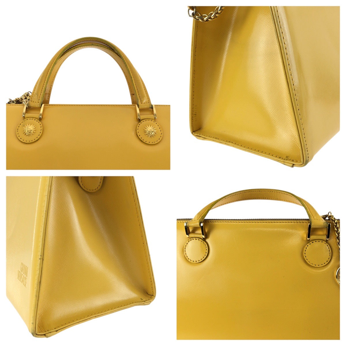 24418
VERSACE ヴェルサーチ ヴィンテージ サンバースト 2way イエロー ゴールド金具 レザー ハンドバッグ ショルダーバッグ レディース ABP42