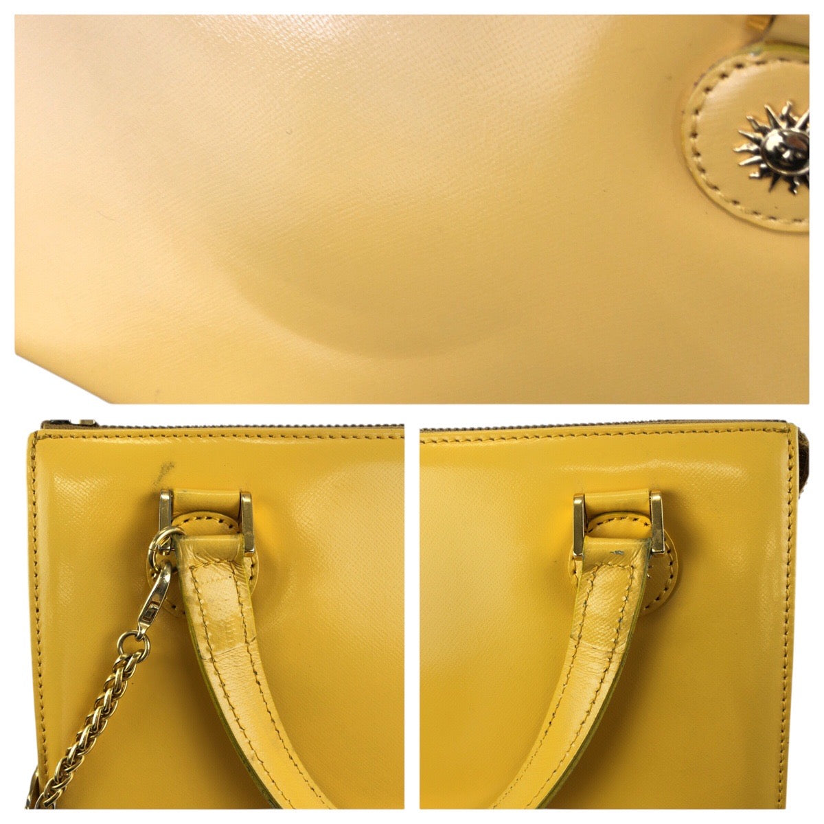 24418
VERSACE ヴェルサーチ ヴィンテージ サンバースト 2way イエロー ゴールド金具 レザー ハンドバッグ ショルダーバッグ レディース ABP42