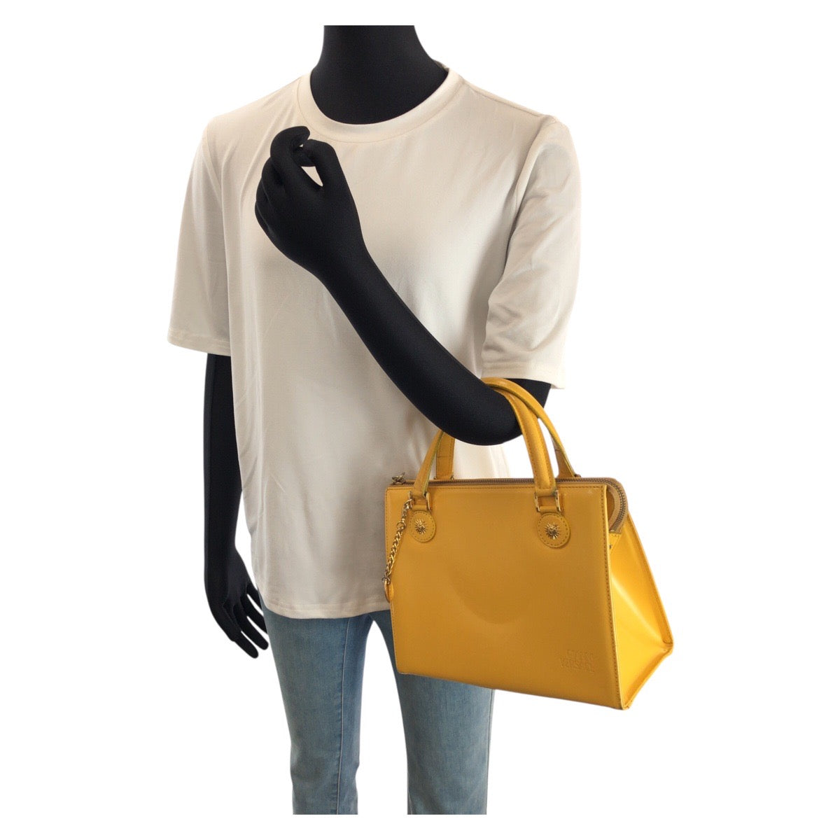 24418
VERSACE ヴェルサーチ ヴィンテージ サンバースト 2way イエロー ゴールド金具 レザー ハンドバッグ ショルダーバッグ レディース ABP42