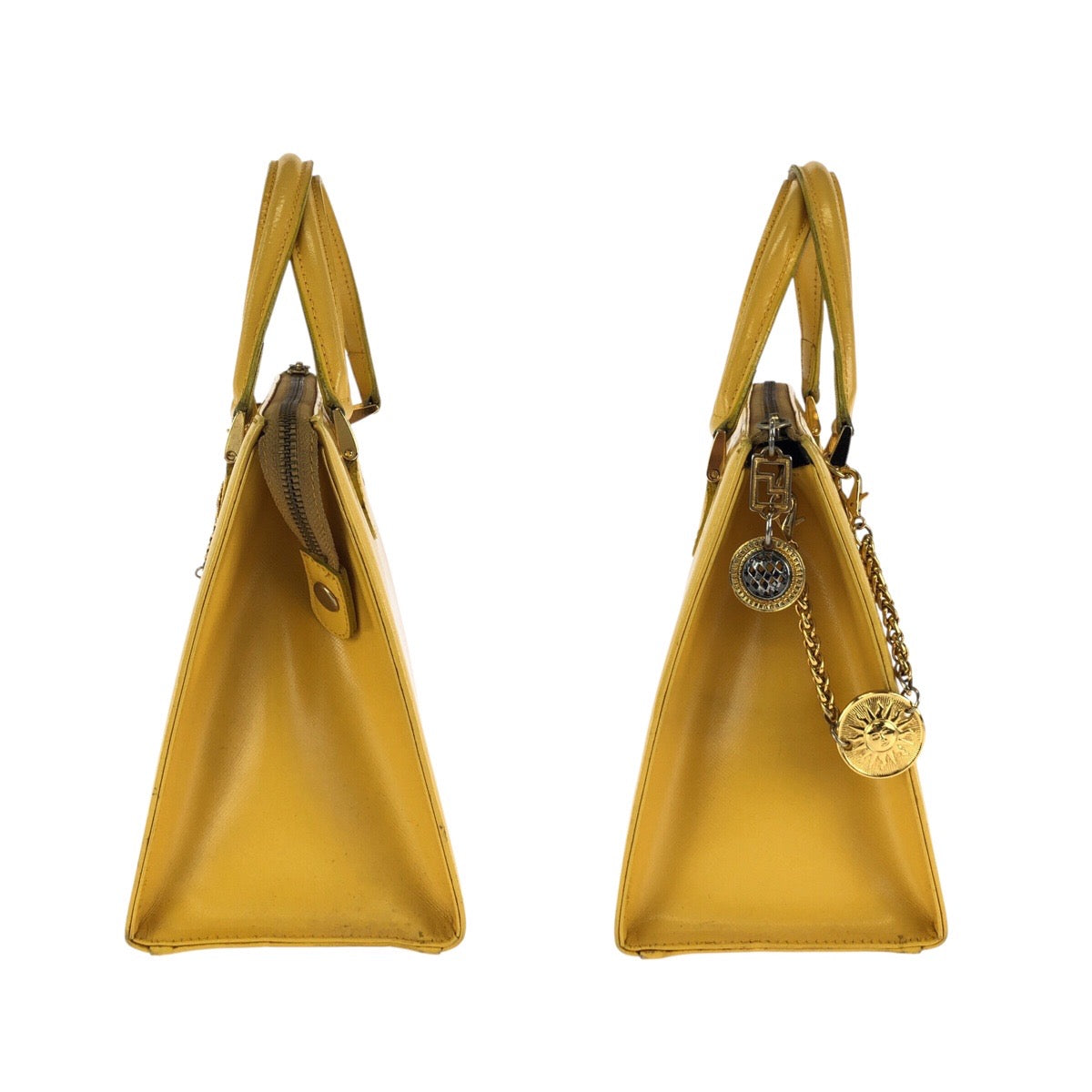 24418
VERSACE ヴェルサーチ ヴィンテージ サンバースト 2way イエロー ゴールド金具 レザー ハンドバッグ ショルダーバッグ レディース ABP42