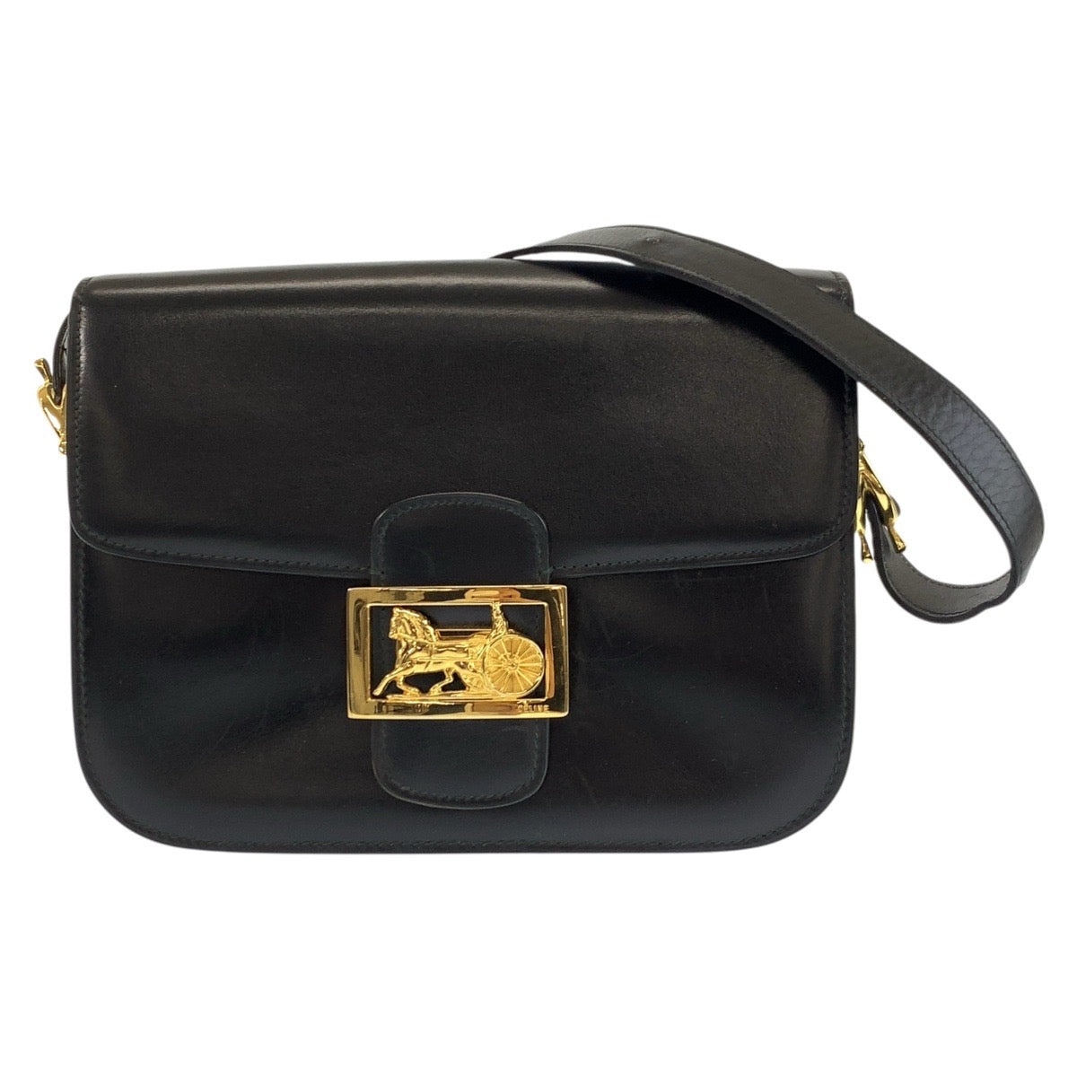 24428
CELINE セリーヌ ヴィンテージ 馬車金具 ブラック 黒 ゴールド金具 レザー ショルダーバッグ ハンドバッグ レディース AB70