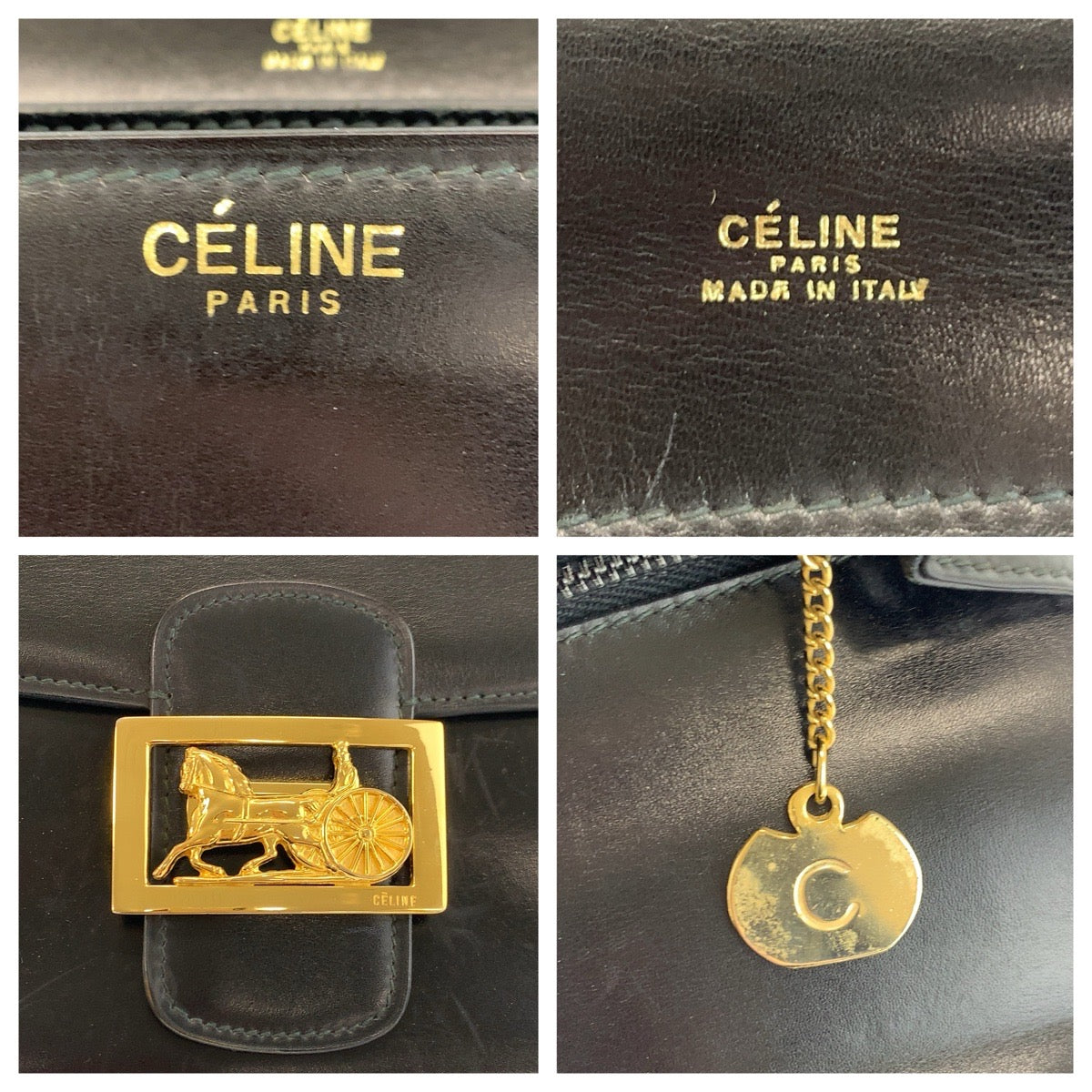 24428
CELINE セリーヌ ヴィンテージ 馬車金具 ブラック 黒 ゴールド金具 レザー ショルダーバッグ ハンドバッグ レディース AB70