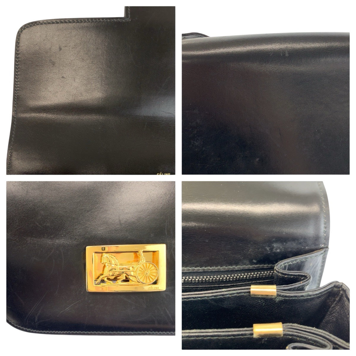 24428
CELINE セリーヌ ヴィンテージ 馬車金具 ブラック 黒 ゴールド金具 レザー ショルダーバッグ ハンドバッグ レディース AB70