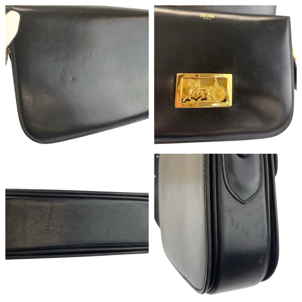 24428
CELINE セリーヌ ヴィンテージ 馬車金具 ブラック 黒 ゴールド金具 レザー ショルダーバッグ ハンドバッグ レディース AB70