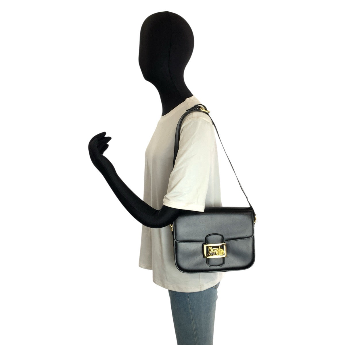 24428
CELINE セリーヌ ヴィンテージ 馬車金具 ブラック 黒 ゴールド金具 レザー ショルダーバッグ ハンドバッグ レディース AB70