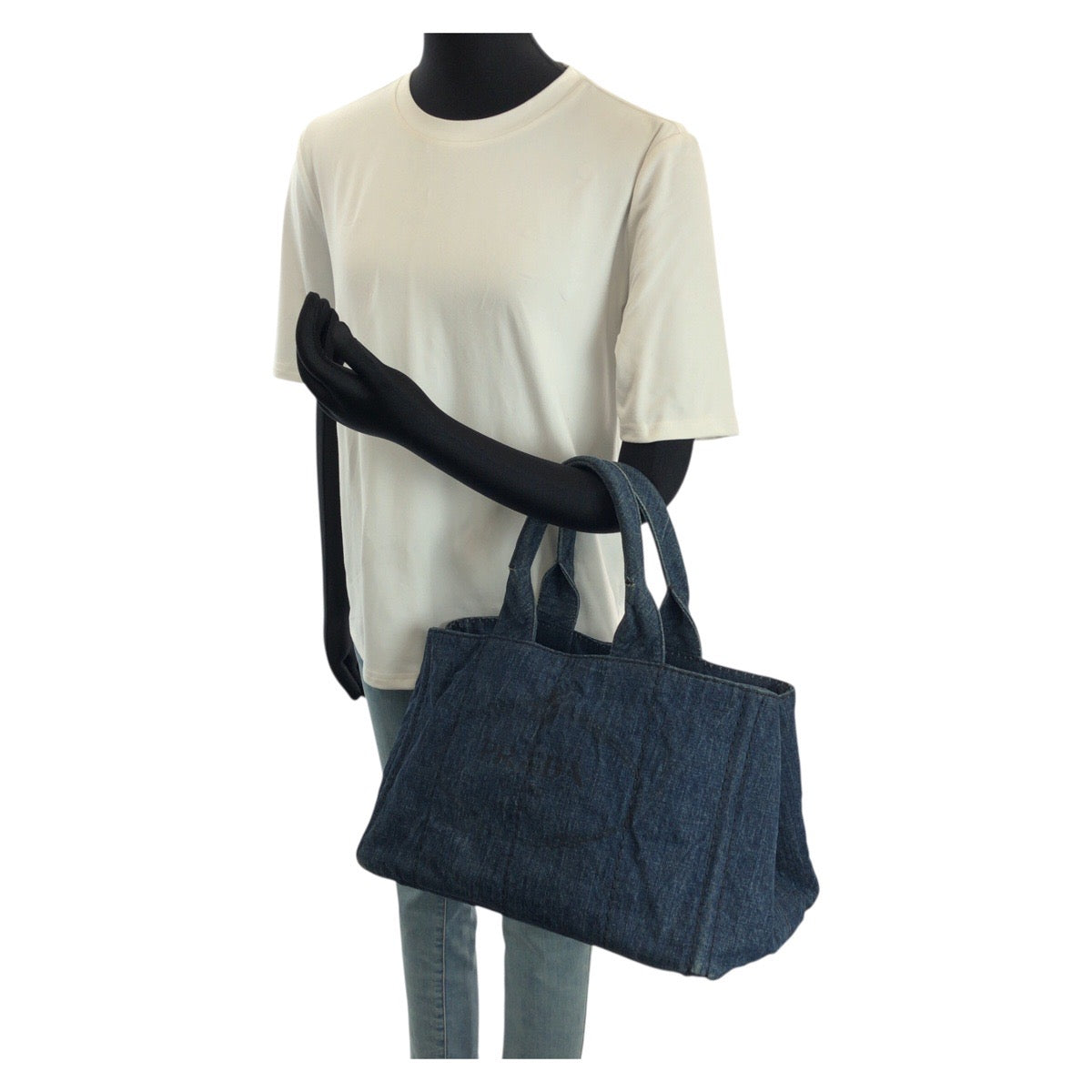 24461
PRADA プラダ カナパ 三角ロゴプレート ブルー ゴールド金具 デニム トートバッグ ハンドバッグ レディース ABP52