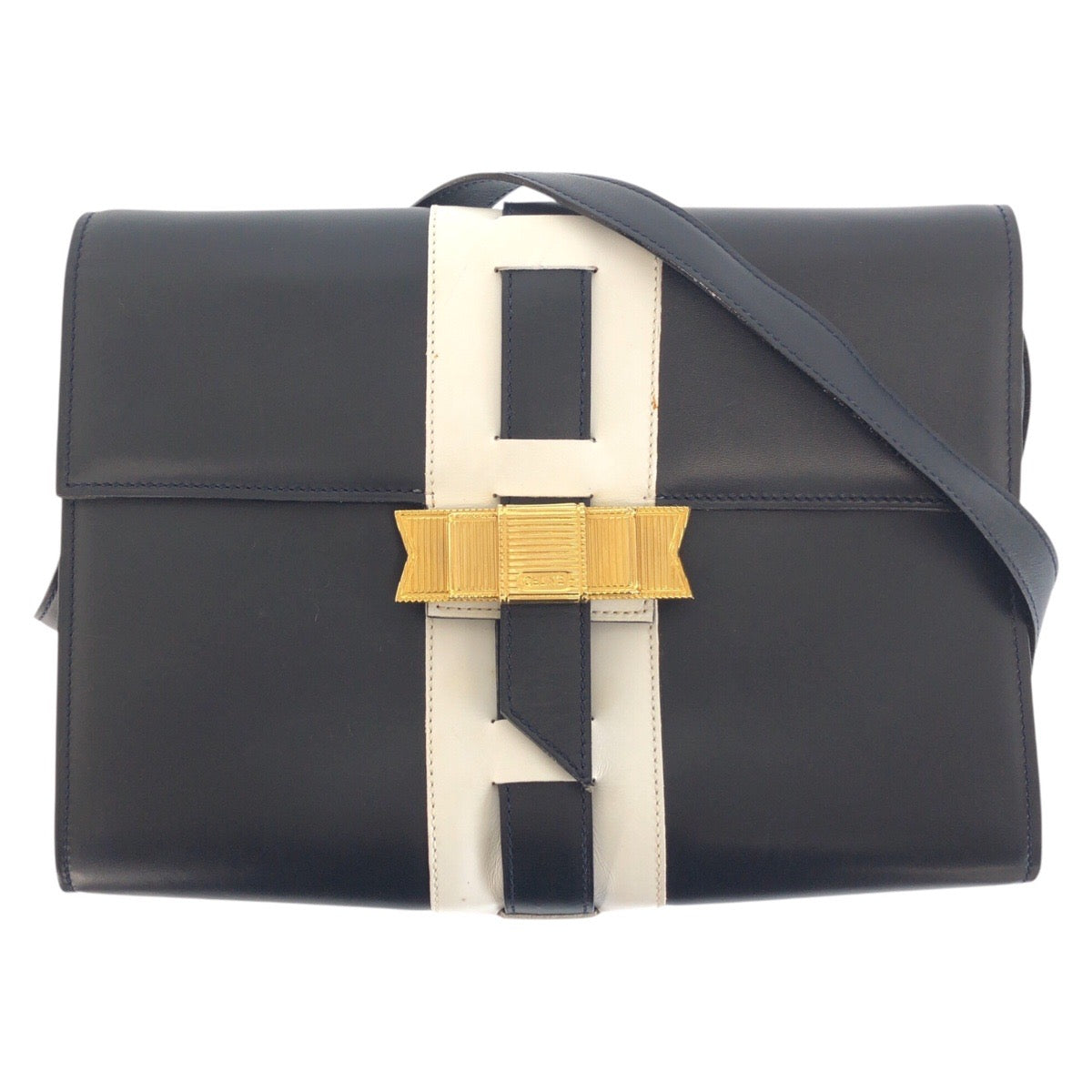 24467
CELINE セリーヌ ヴィンテージ ロゴ リボン金具 ネイビー ホワイト ゴールド金具 レザー ショルダーバッグ ポシェット レディース ABP60