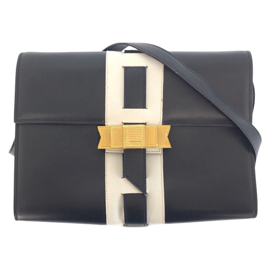 24467
CELINE セリーヌ ヴィンテージ ロゴ リボン金具 ネイビー ホワイト ゴールド金具 レザー ショルダーバッグ ポシェット レディース ABP60