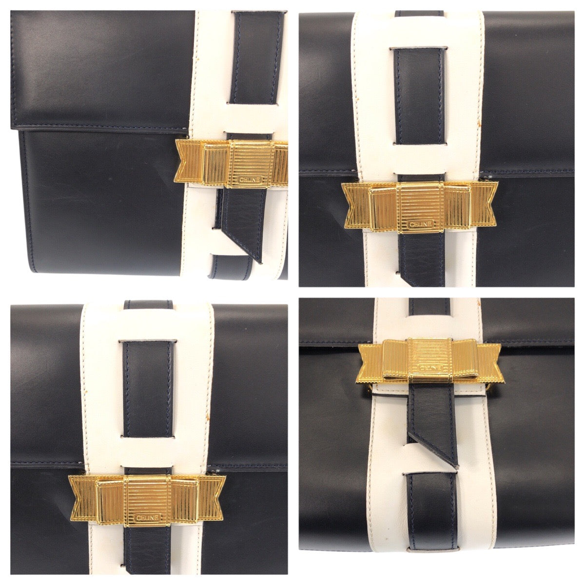 24467
CELINE セリーヌ ヴィンテージ ロゴ リボン金具 ネイビー ホワイト ゴールド金具 レザー ショルダーバッグ ポシェット レディース ABP60