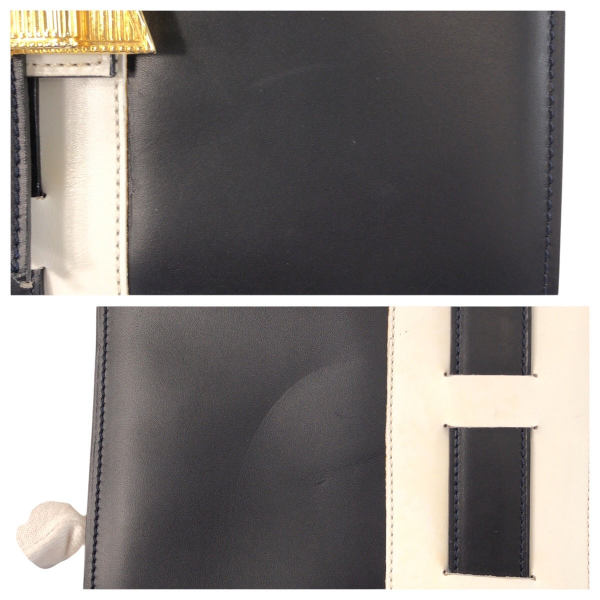 24467
CELINE セリーヌ ヴィンテージ ロゴ リボン金具 ネイビー ホワイト ゴールド金具 レザー ショルダーバッグ ポシェット レディース ABP60