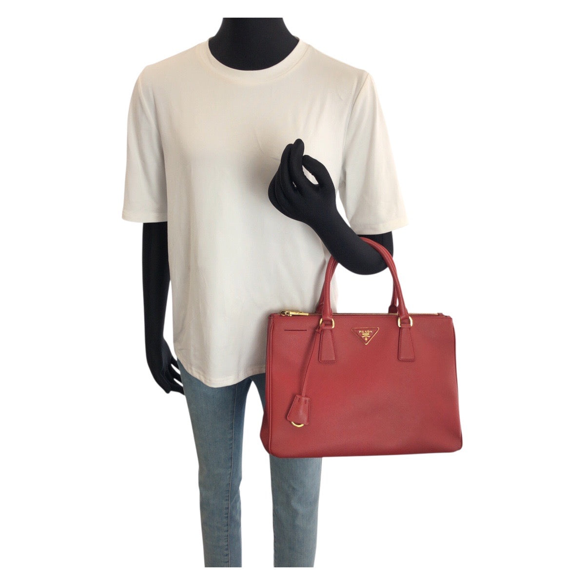 24487
PRADA プラダ サフィアーノ 三角ロゴプレート レッド ゴールド金具 レザー トートバッグ ハンドバッグ レディース ABP56
