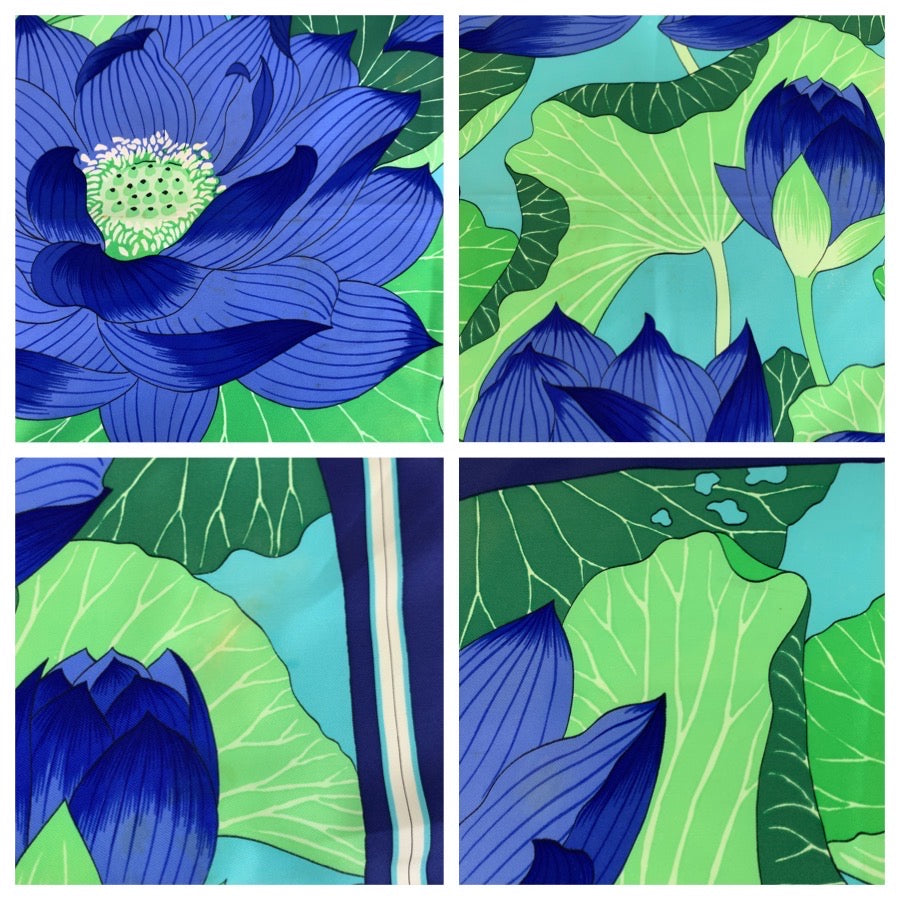 24490
HERMES エルメス FLEURS DE LOTUS カレ90 ブルー シルク スカーフ レディース AB22