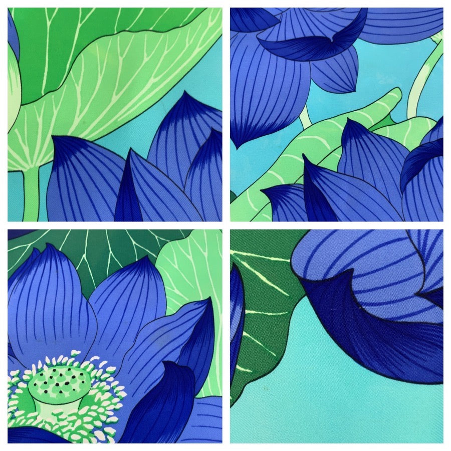 24490
HERMES エルメス FLEURS DE LOTUS カレ90 ブルー シルク スカーフ レディース AB22