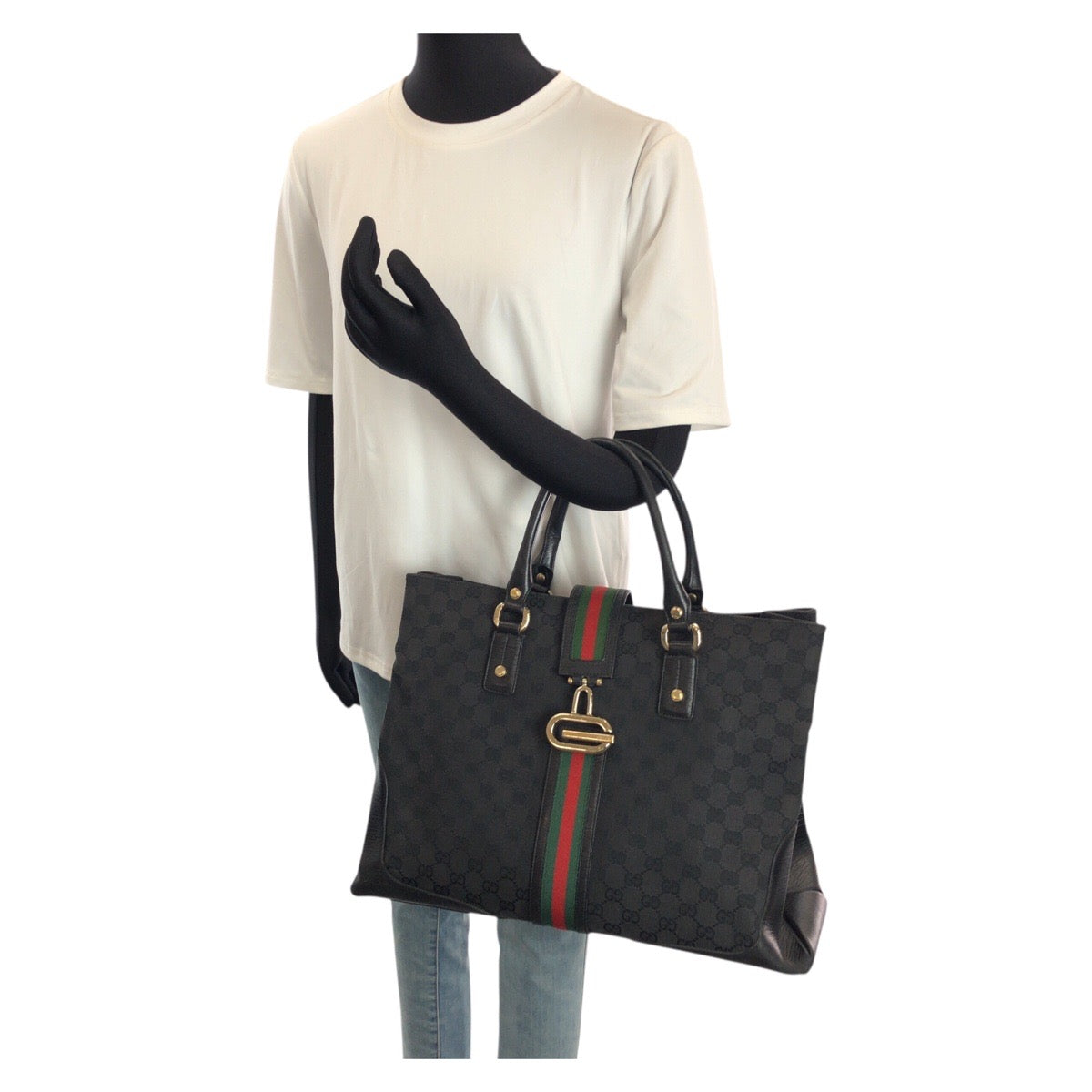24500
GUCCI グッチ シェリーライン ブラック 黒 ゴールド金具 GGキャンバス / レザー 130994 トートバッグ ハンドバッグ レディース AB35