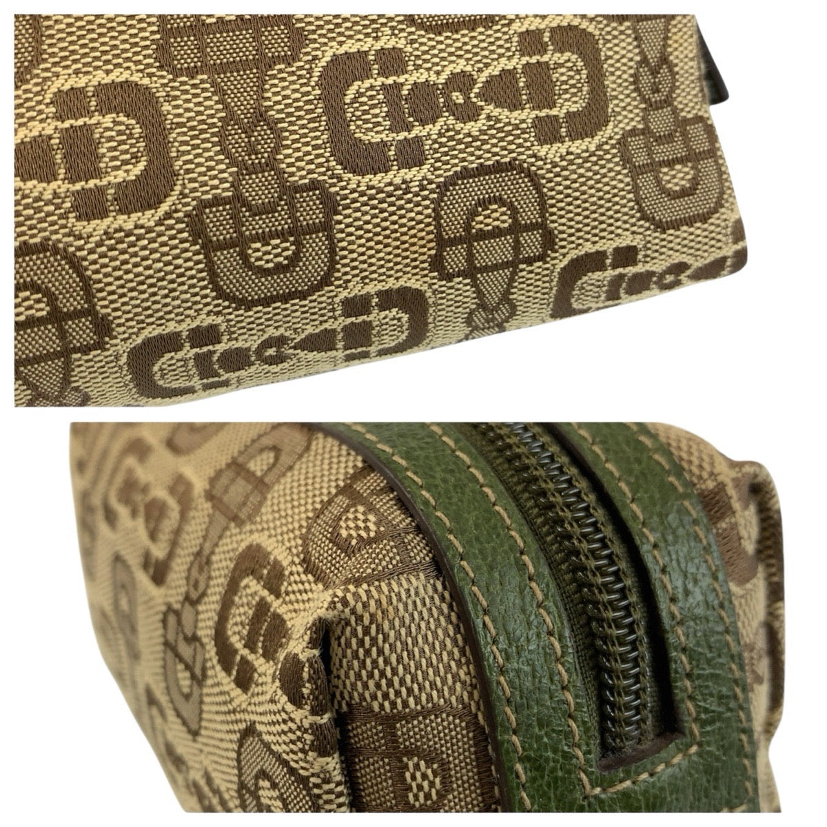 24501
GUCCI グッチ ホースビット ベージュ グリーン キャンバス 29596 ポーチ 化粧ポーチ レディース A20