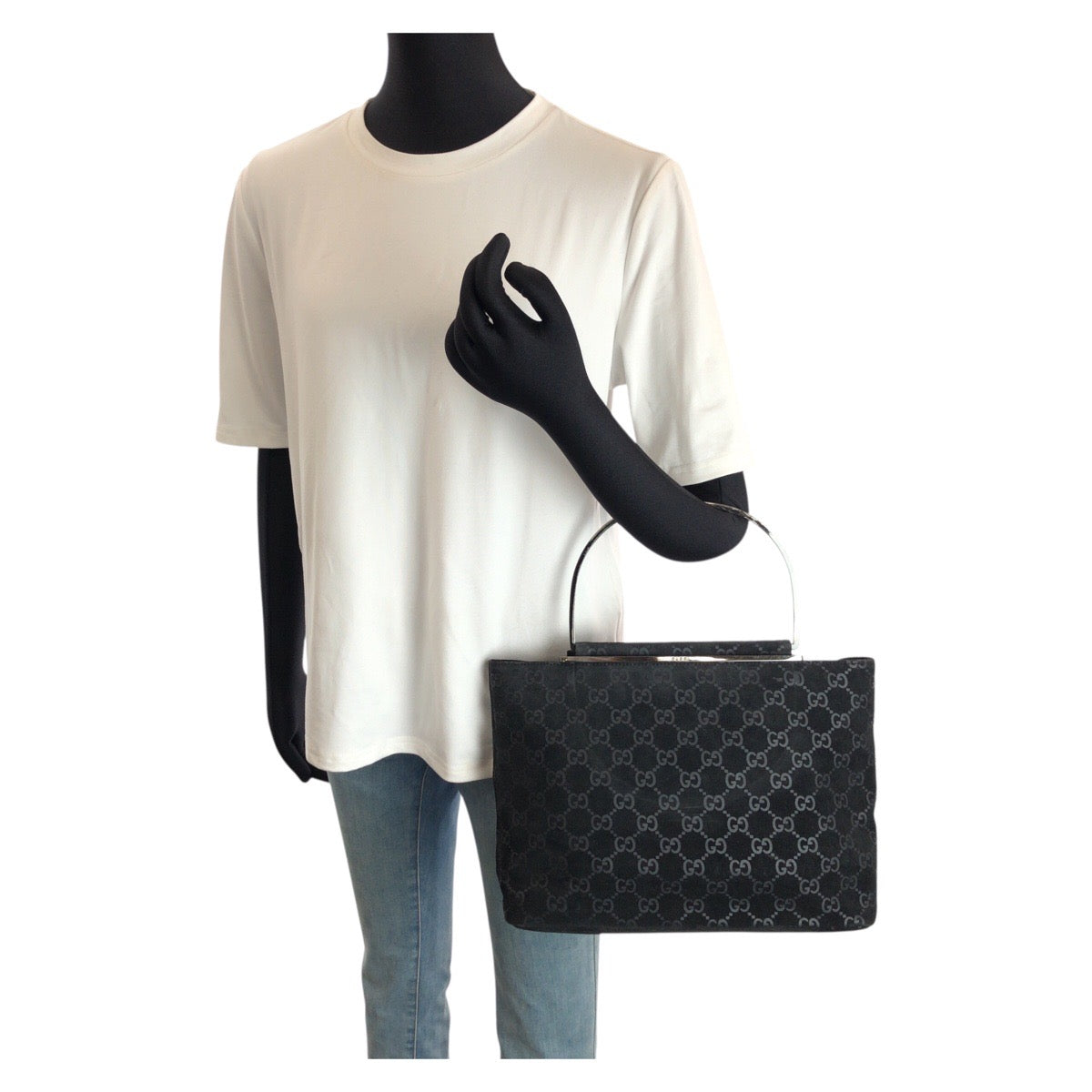 24513
GUCCI グッチ GG柄 ブラック 黒 シルバー金具 スウェード 000 0801 ハンドバッグ トートバッグ レディース AB40