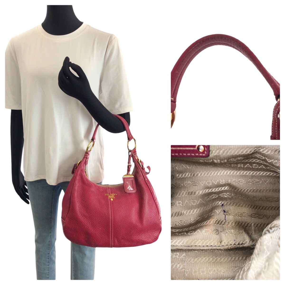 24525
PRADA プラダ ヴィッテロダイノ ホーボー ピンク ゴールド金具 レザー ショルダーバッグ ハンドバッグ レディース AB32