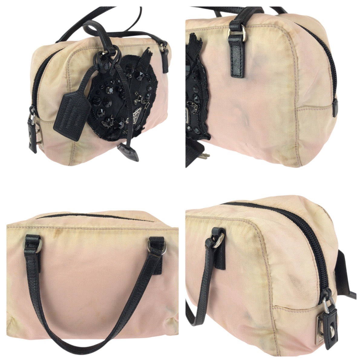 24526
PRADA プラダ テスート 三角ロゴプレート ビジュー ピンク ブラック シルバー金具 ナイロン ハンドバッグ レディース B12