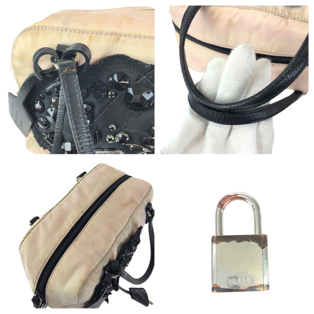 24526
PRADA プラダ テスート 三角ロゴプレート ビジュー ピンク ブラック シルバー金具 ナイロン ハンドバッグ レディース B12