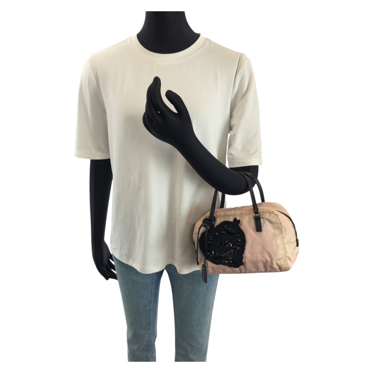 24526
PRADA プラダ テスート 三角ロゴプレート ビジュー ピンク ブラック シルバー金具 ナイロン ハンドバッグ レディース B12