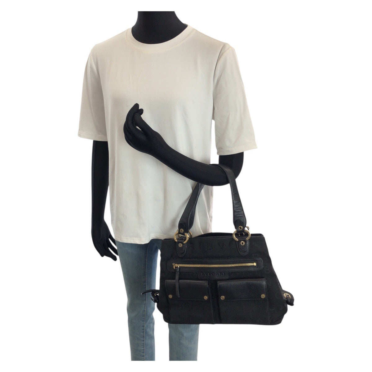 24532
BVLGARI ブルガリ ロゴマニア マキシレッタレ ブラック 黒 ゴールド金具 キャンバス / レザー トートバッグ ハンドバッグ レディース ABP26