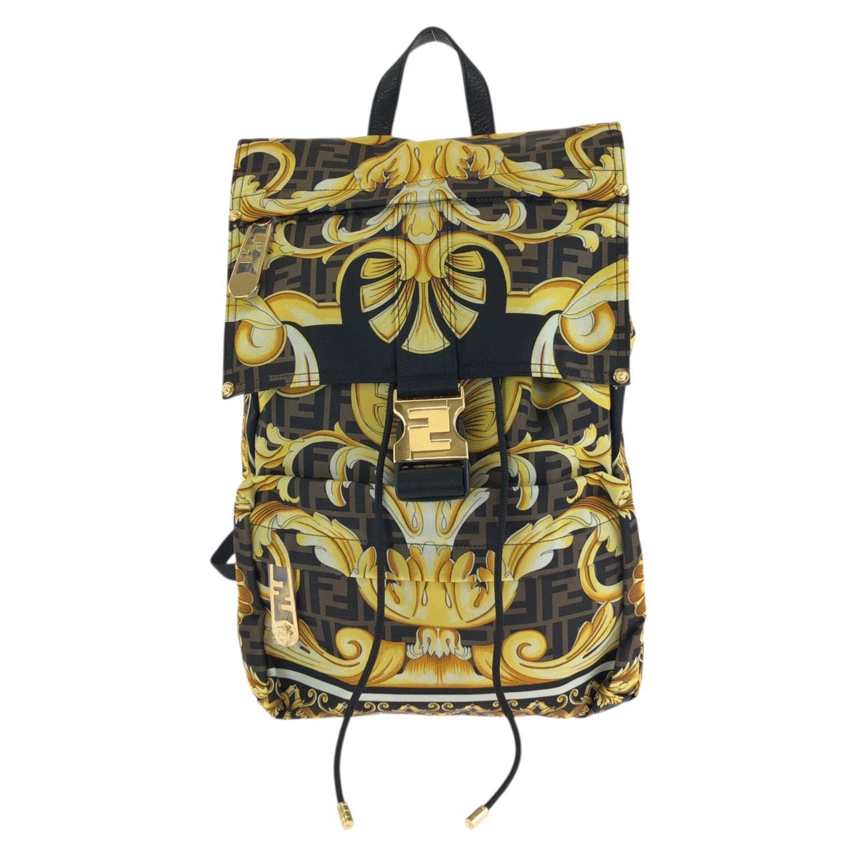 24454
FENDI フェンディ フェンダーチェ FENDI×VERSACE ブラック ブラウン イエロー ゴールド金具 ナイロン 7VZ066 リュックサック バックパック レディース SA180