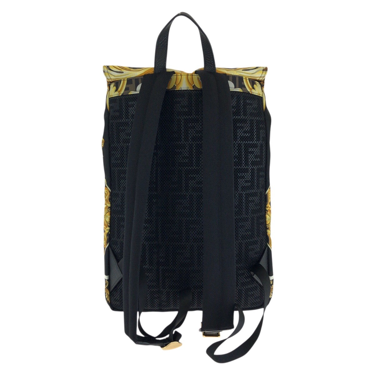 24454
FENDI フェンディ フェンダーチェ FENDI×VERSACE ブラック ブラウン イエロー ゴールド金具 ナイロン 7VZ066 リュックサック バックパック レディース SA180