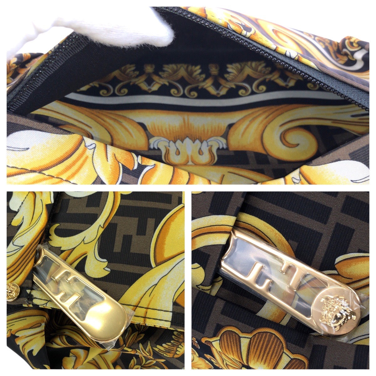 24454
FENDI フェンディ フェンダーチェ FENDI×VERSACE ブラック ブラウン イエロー ゴールド金具 ナイロン 7VZ066 リュックサック バックパック レディース SA180