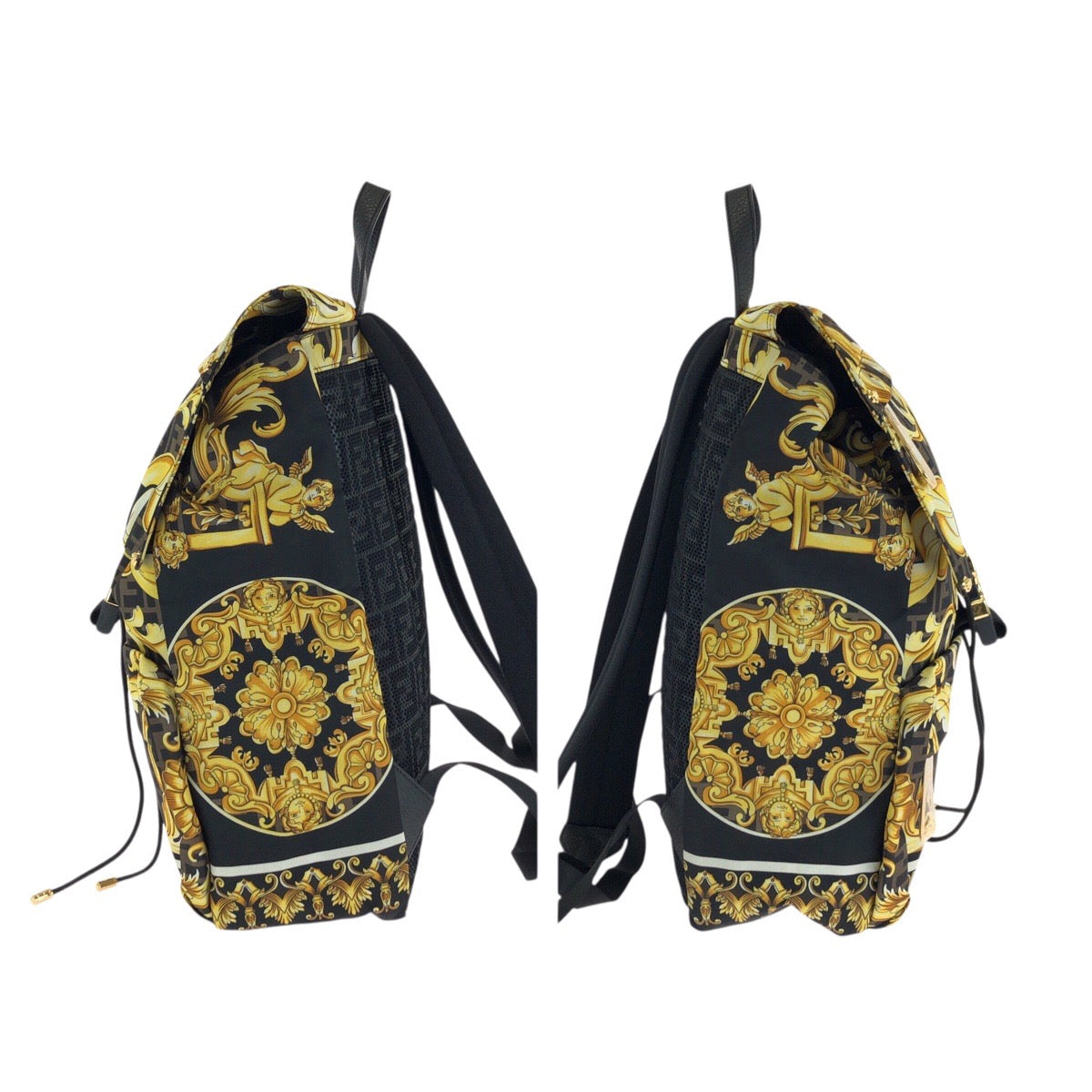 24454
FENDI フェンディ フェンダーチェ FENDI×VERSACE ブラック ブラウン イエロー ゴールド金具 ナイロン 7VZ066 リュックサック バックパック レディース SA180