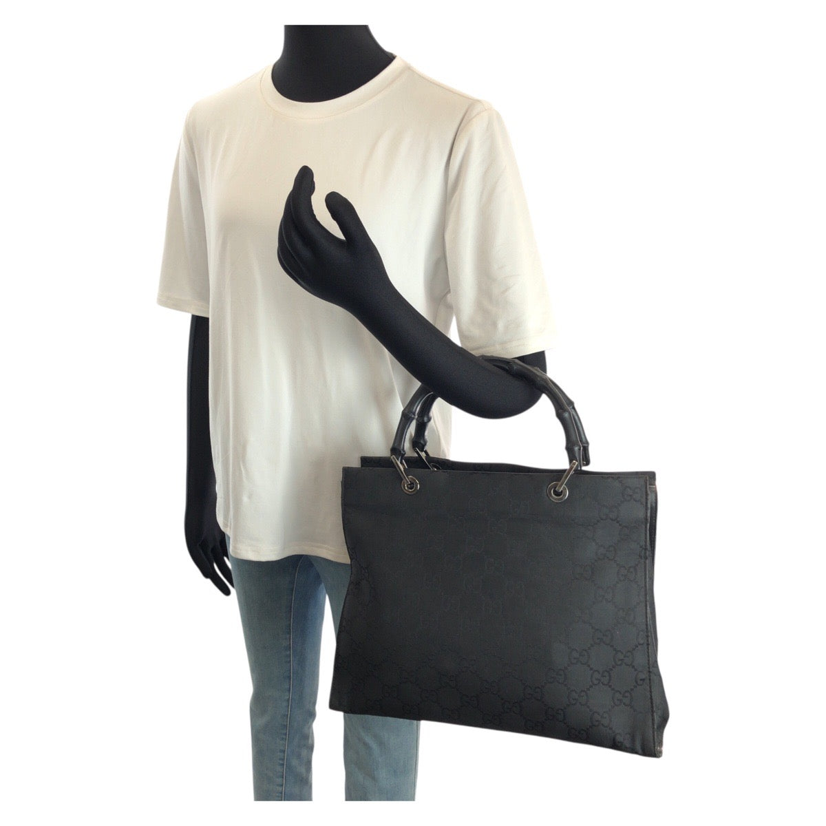 24559
GUCCI グッチ バンブー ブラック 黒 シルバー金具 ナイロン 002 1010 トートバッグ ハンドバッグ レディース B15
